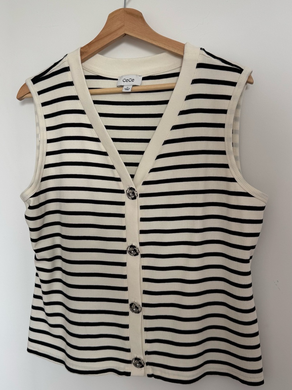 CeCe Black and Cream Striped Button-Front Tank
